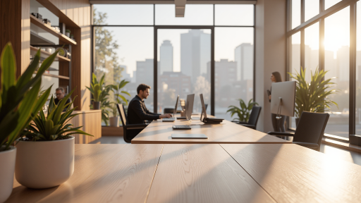 公司办公环境，现代化办公室内部，员工正在工作，明亮自然光，商务氛围